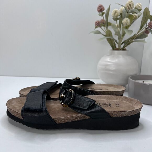 NAOT Anabel Nubuck Leather Cork Wedge Sandal Tortoise Buckle Black Women's US 11 - Picture 1 of 9